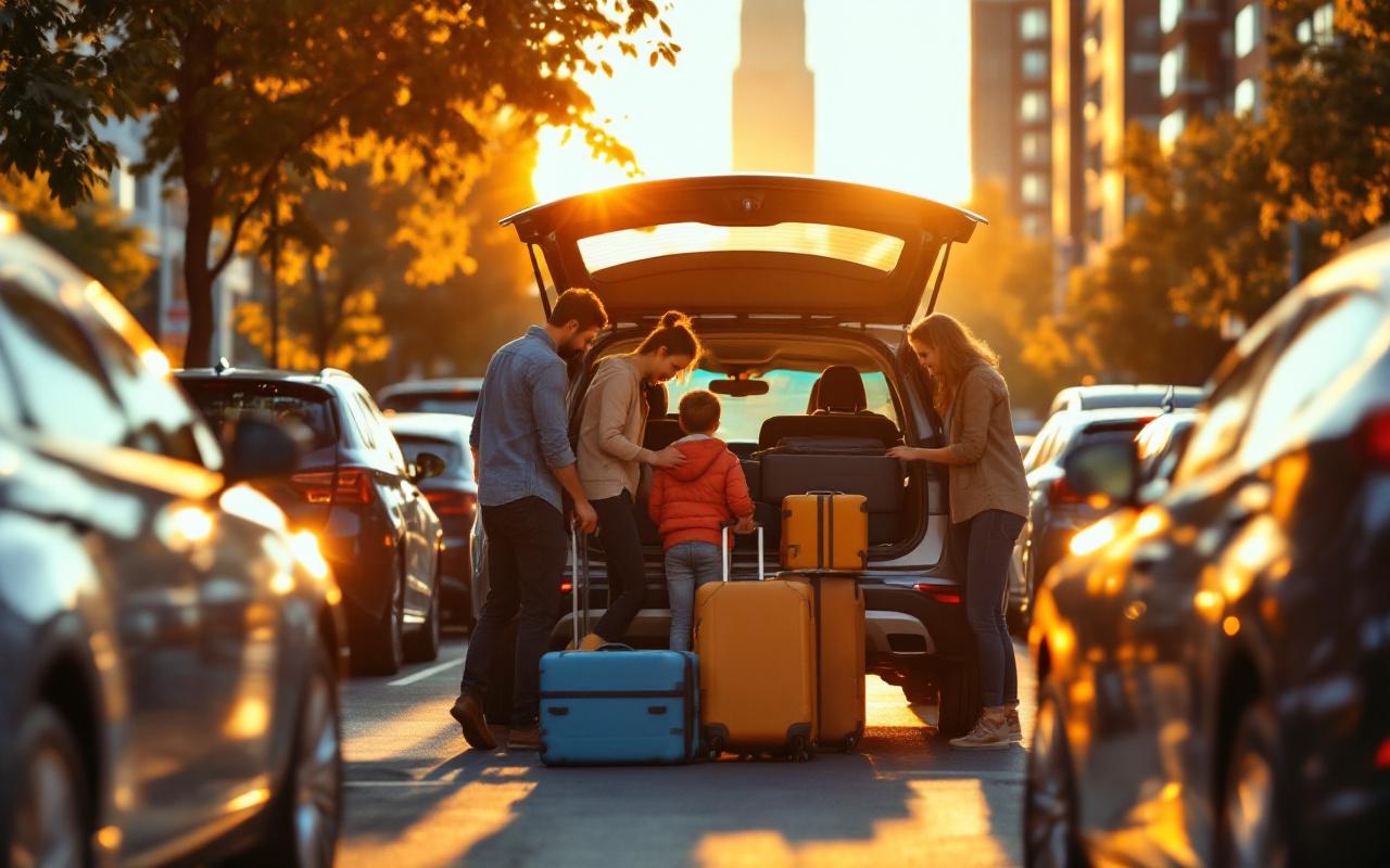 Famille charge des valises dans le coffre d’un SUV urbain sur un parking de ville au coucher du soleil, lumière dorée volumétrique, ambiance naturelle, parents et enfant organisent les bagages