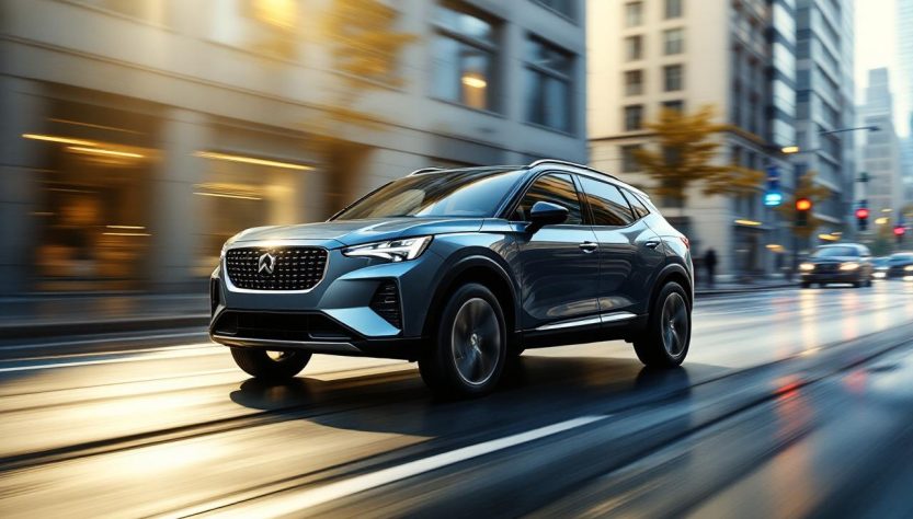 Un SUV compact bleu roule dans une rue urbaine moderne, reflets sur la chaussée mouillée, immeubles en verre en arrière-plan, lumière dorée matinale filtrant en rayons volumétriques.