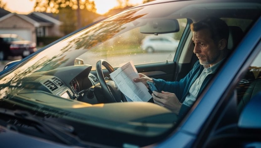 Conducteur consultant des documents d'assurance dans sa voiture