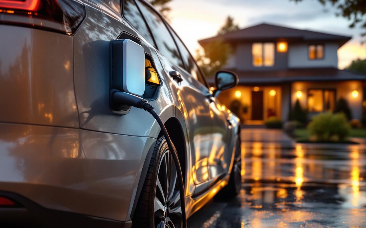 Berline électrique en charge sur une wallbox murale à l'entrée d'une maison, stationnée dans l'allée avec le câble branché, lumière douce de coucher de soleil et reflets sur le sol