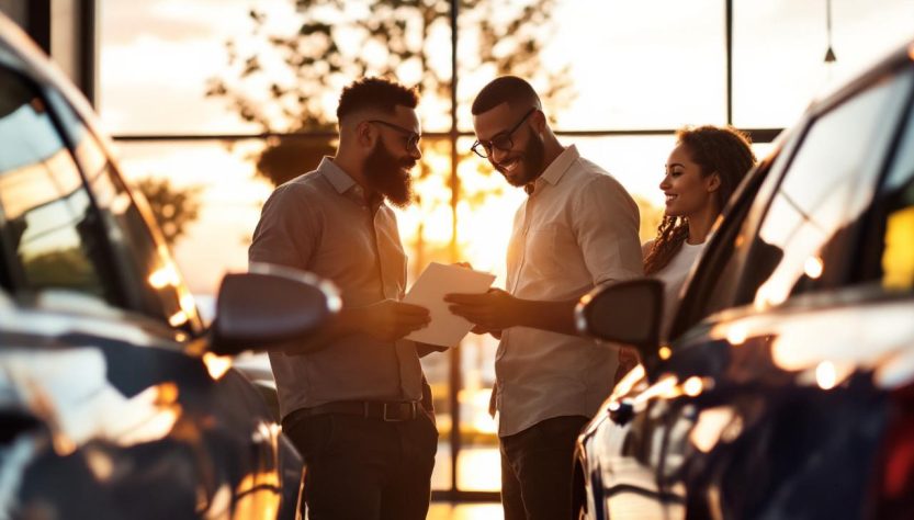 Un couple examine et compare deux berlines neuves devant une concession automobile moderne au coucher du soleil, ouvrant les portes et regardant l'habitacle, voitures argent et bleu marine, lumière chaude et volumétrique.