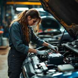 Une femme mécanicienne inspecte la batterie d’une voiture en panne, capot ouvert dans un garage réaliste, la batterie étant déposée.