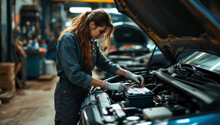 Une femme mécanicienne inspecte la batterie d’une voiture en panne, capot ouvert dans un garage réaliste, la batterie étant déposée.