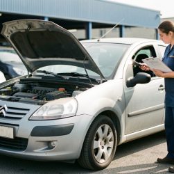 Une Citroën C3 d’occasion sur un parc automobile, contrôlée avant achat par une mécanicienne qui inspecte le compartiment moteur puis observe l’état extérieur.