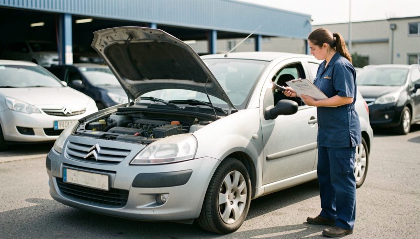 Une Citroën C3 d’occasion sur un parc automobile, contrôlée avant achat par une mécanicienne qui inspecte le compartiment moteur puis observe l’état extérieur.