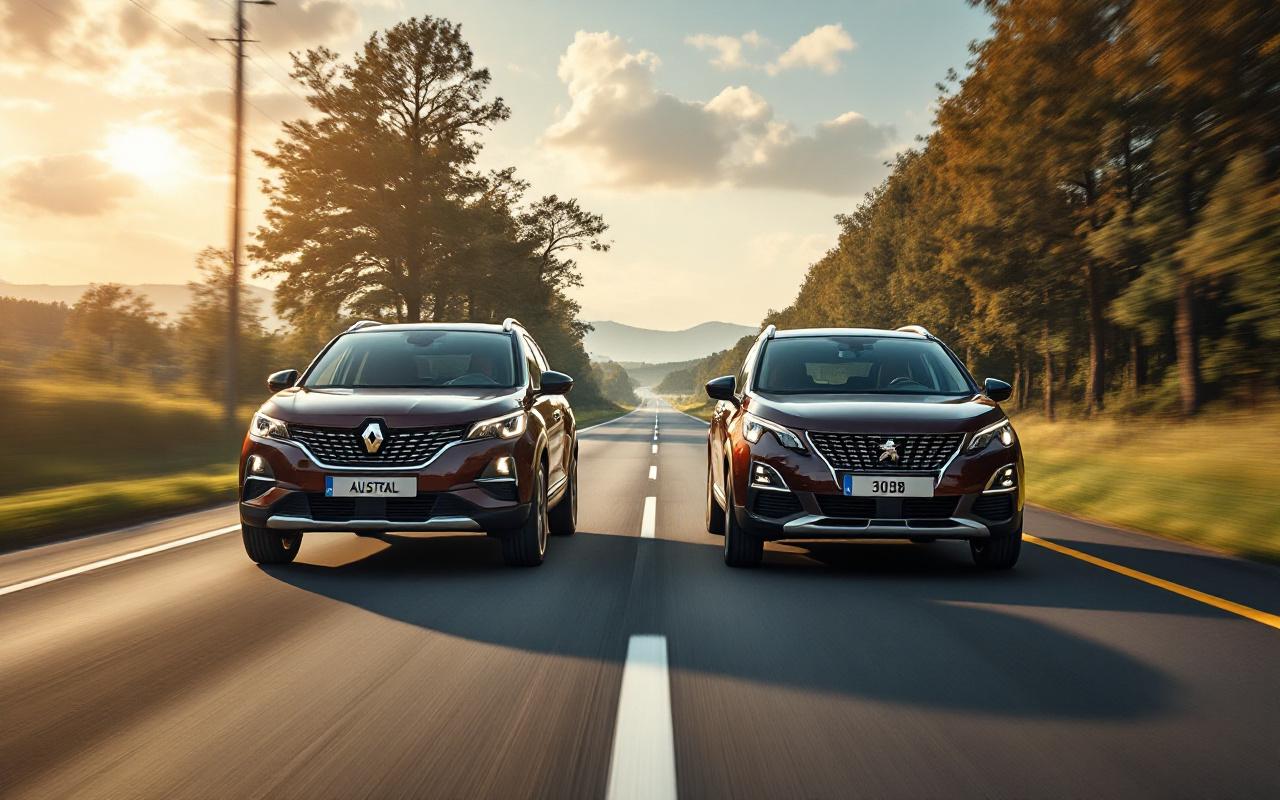 Comparaison visuelle, en vue trois quarts avant, de deux SUV côte à côte sur une route : une Renault Austral et une Peugeot 3008 sous un éclairage naturel.