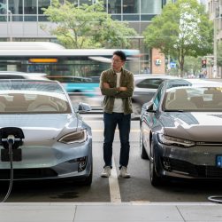 Un homme compare une voiture hybride et une voiture à essence à l’entrée d’une station-service, avec la circulation urbaine en arrière-plan.