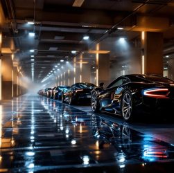 Garage de luxe à Monaco la nuit, plusieurs supercars alignées, reflets élégants et éclairage cinématographique.