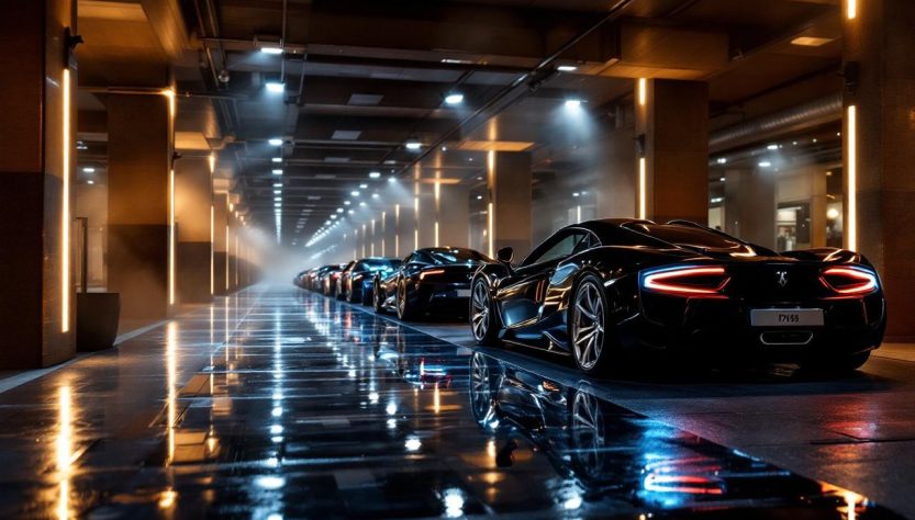 Garage de luxe à Monaco la nuit, plusieurs supercars alignées, reflets élégants et éclairage cinématographique.