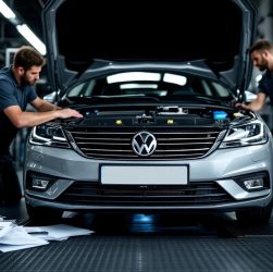 Illustration éditoriale réaliste d’une voiture d’occasion sur une plateforme européenne, examinée avec des documents posés à côté du véhicule dans une ambiance de contrôle sérieux.