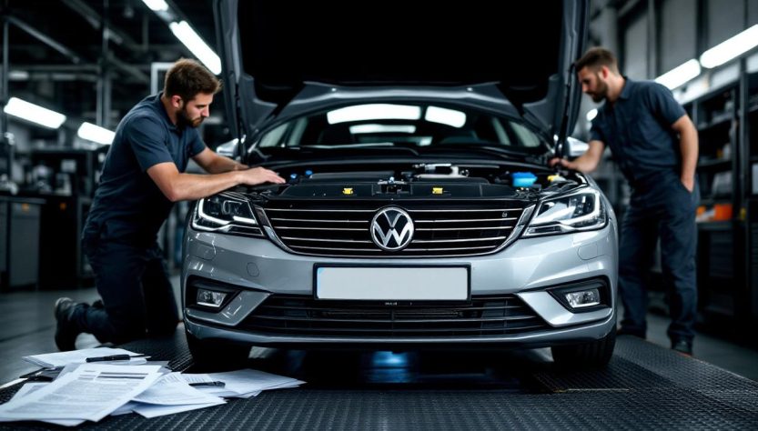 Illustration éditoriale réaliste d’une voiture d’occasion sur une plateforme européenne, examinée avec des documents posés à côté du véhicule dans une ambiance de contrôle sérieux.