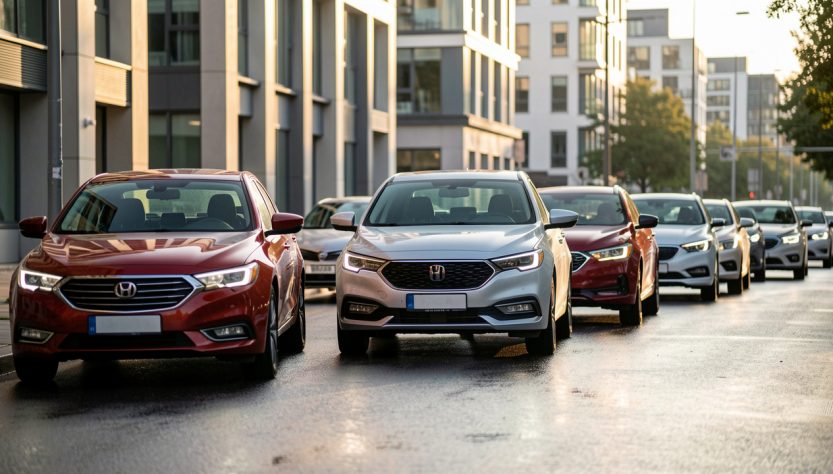 Plusieurs voitures de motorisations différentes alignées sur une route urbaine moderne, éclairage naturel en fin d’après-midi, vue claire et réaliste.
