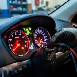 Gros plan sur le tableau de bord d’une voiture avec un voyant moteur allumé, une main en gants branche un câble de diagnostic dans un atelier automobile.
