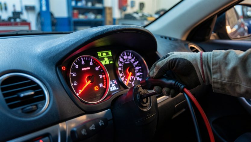 Gros plan sur le tableau de bord d’une voiture avec un voyant moteur allumé, une main en gants branche un câble de diagnostic dans un atelier automobile.