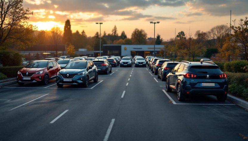 Vue d’un parking de concession automobile française moderne, avec plusieurs SUV compacts Renault et Peugeot alignés en rangées, éclairage doux de fin d’après-midi et ambiance réaliste.