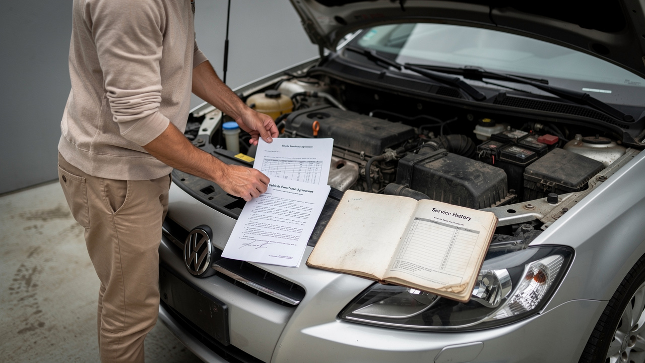 Un acheteur examine une voiture compacte d’occasion en soulevant le capot, tandis que des documents et un carnet d’entretien sont consultés sur le véhicule.