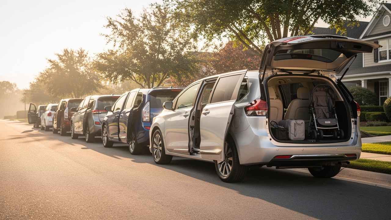 Alignement de plusieurs SUV sept places récents sur une route, mettant en valeur l’habitabilité familiale avec des portes arrière ouvertes montrant l’espace intérieur et le coffre.