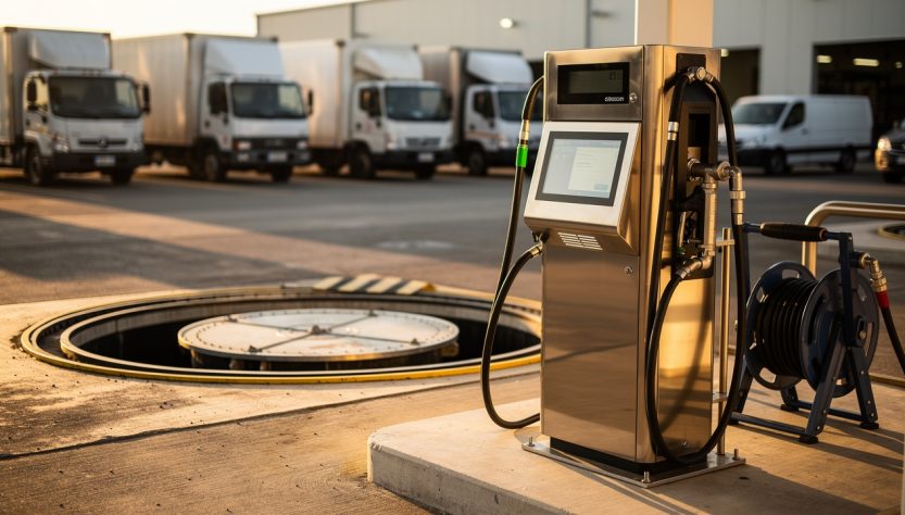 Borne de gestion de carburant sur une station privative, avec cuve et véhicules utilitaires visibles en arrière-plan.