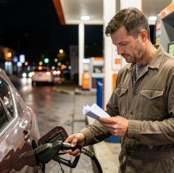 Un homme fait le plein de sa voiture dans une station-service urbaine la nuit, puis vérifie ses dépenses en consultant un terminal de paiement et des notes.