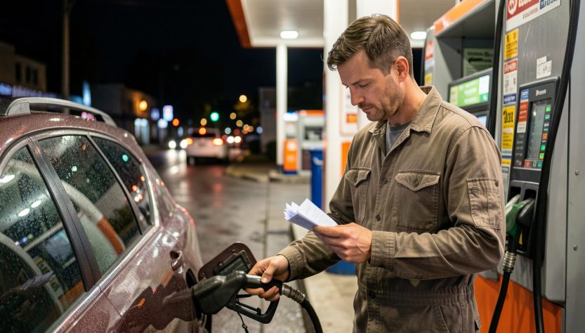 Un homme fait le plein de sa voiture dans une station-service urbaine la nuit, puis vérifie ses dépenses en consultant un terminal de paiement et des notes.