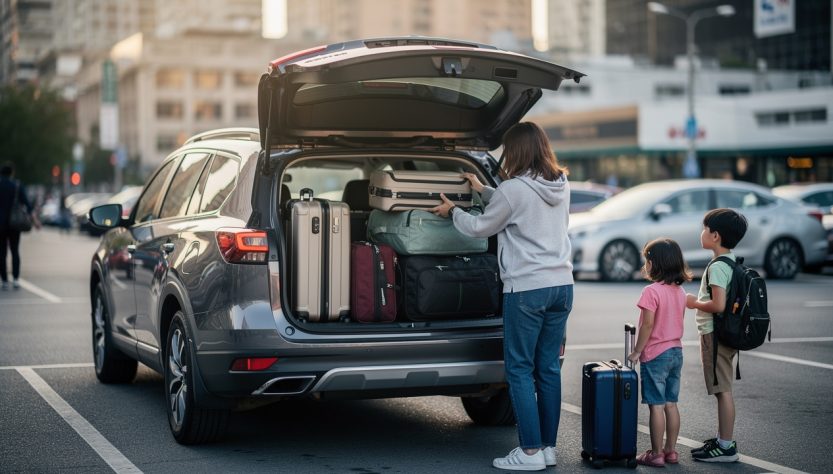 Vue arrière d’un SUV 7 places moderne, coffre ouvert, une famille charge des bagages dans le coffre sur un parking.