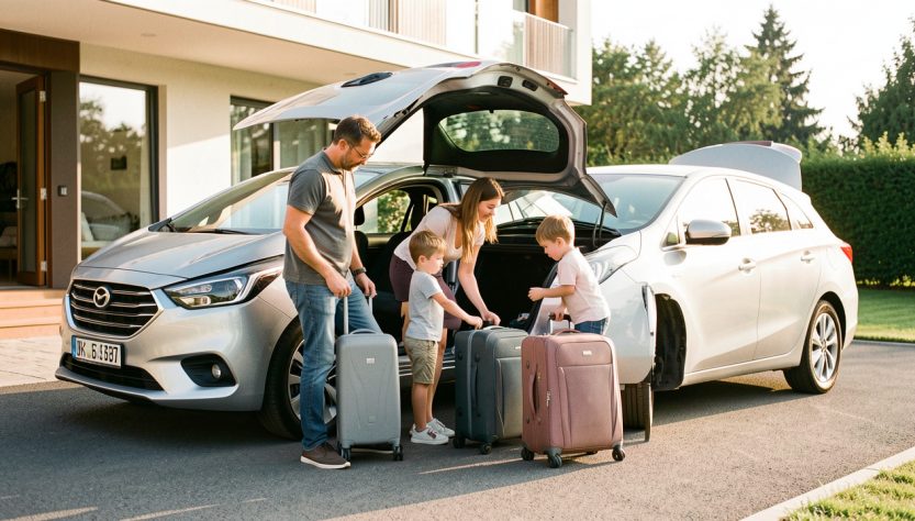 Un homme, une femme et deux enfants chargent des valises dans une voiture moderne devant une maison contemporaine, sous une lumière naturelle.