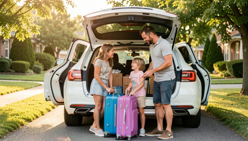 Une famille charge des valises dans une voiture familiale moderne avant un départ en vacances, sous une lumière naturelle.