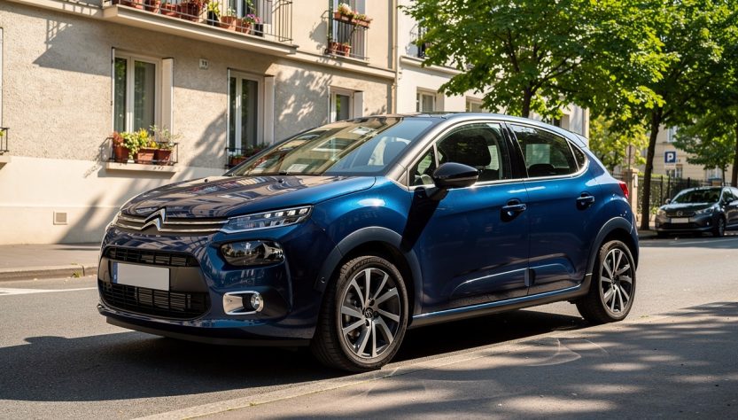 Voiture compacte française neuve stationnée dans une rue urbaine, vue de trois quarts avant sous une lumière naturelle.