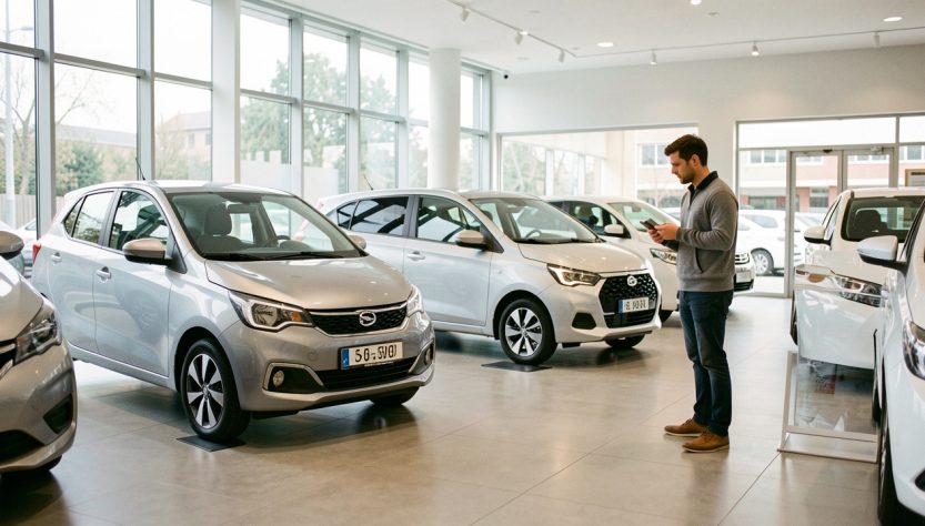 Jeune homme comparant plusieurs voitures citadines neuves dans un concessionnaire lumineux et moderne.