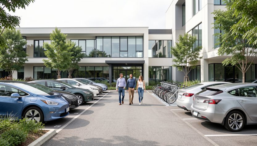 Parking d’entreprise moderne avec voitures électriques, vélos et quatre salariés se déplaçant à la lumière naturelle.