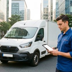 Véhicules de livraison électriques dans une rue urbaine moderne, avec un chauffeur consultant une tablette.