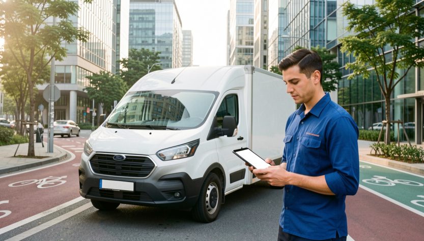 Véhicules de livraison électriques dans une rue urbaine moderne, avec un chauffeur consultant une tablette.