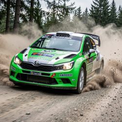Voiture de rallye compacte en glisse sur une spéciale en terre, vue de trois-quarts avant, entourée de poussière dans un décor européen réaliste.