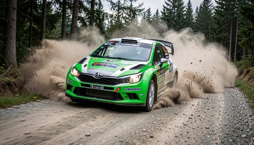 Voiture de rallye compacte en glisse sur une spéciale en terre, vue de trois-quarts avant, entourée de poussière dans un décor européen réaliste.