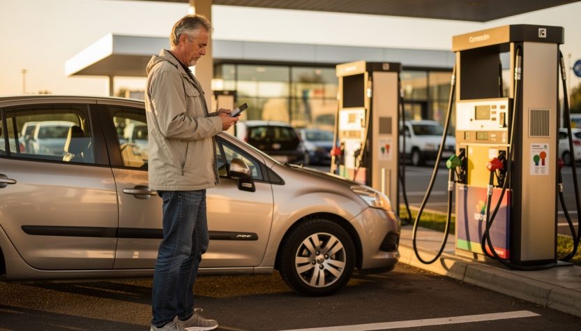 Un automobiliste consulte son smartphone devant une station-service française non identifiable, dans la lumière chaleureuse de la fin de journée.