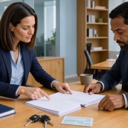 Une avocate conseille un homme dans un bureau moderne, avec des documents vierges, des clés de voiture et une carte de permis de conduire sur la table.