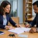Une avocate conseille un homme dans un bureau moderne, avec des documents vierges, des clés de voiture et une carte de permis de conduire sur la table.