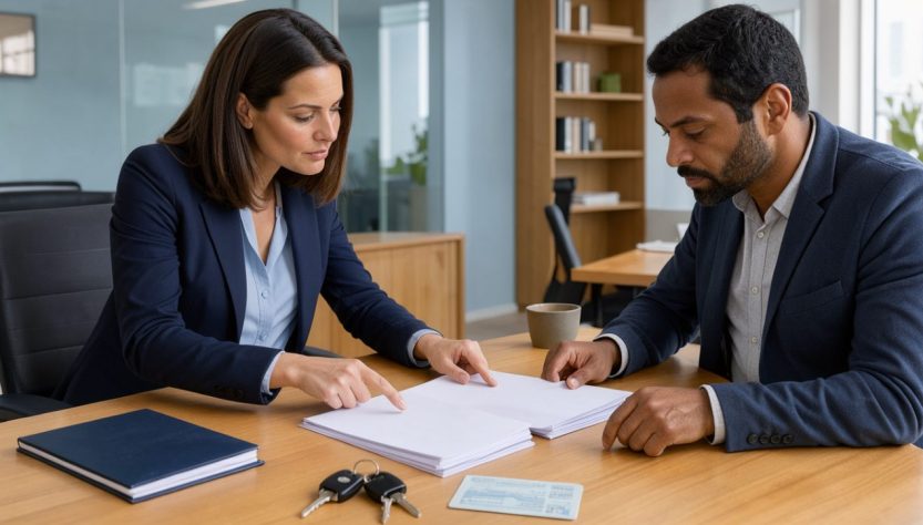Une avocate conseille un homme dans un bureau moderne, avec des documents vierges, des clés de voiture et une carte de permis de conduire sur la table.
