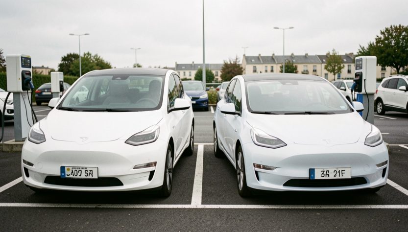 Deux voitures électriques, une compacte fabriquée en Chine et une citadine européenne, stationnées côte à côte sur un parking français avec des bornes de recharge en arrière-plan.