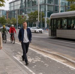 Rue urbaine moderne avec une femme et un homme à pied, des cyclistes, un tramway et des voitures circulant harmonieusement.